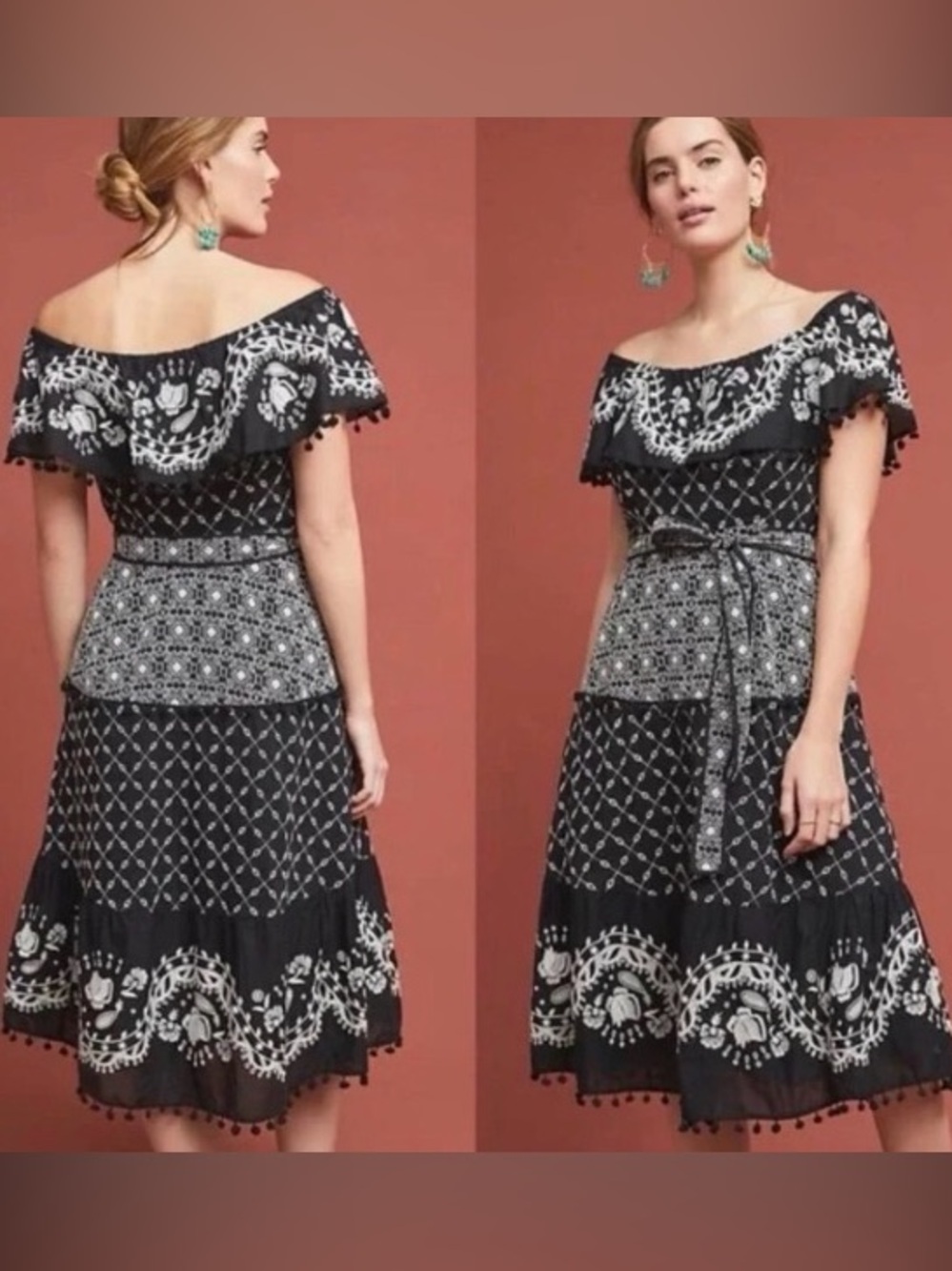 Anthropologie Marisol Off The Shoulder Embroidered Dress US 8 Artsy Pom Pom